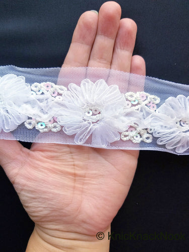 Wholesale White Flower Tissue Net Fabric Lace Trim With Sequins, Floral Trim, Wedding Supplies Trim By 9 Yards